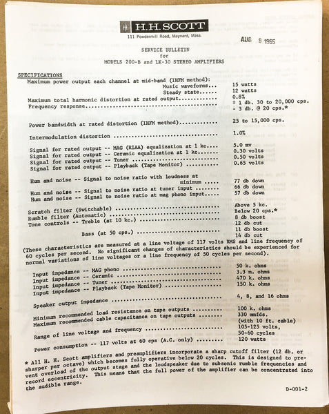 H.H. Scott Model 222B Amplifier Service Bulletin *Original*