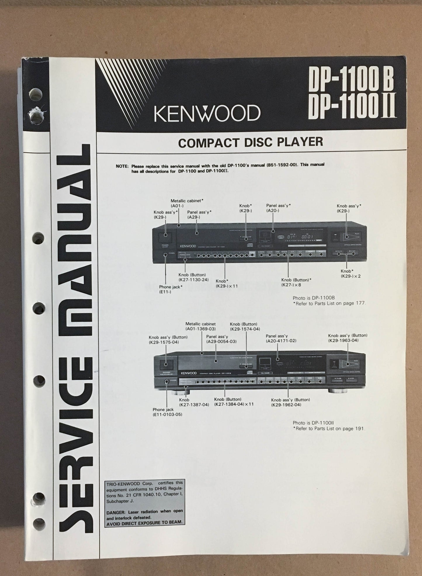 Kenwood DP-1100B DP-1100 II CD Player  Service Manual *Original*