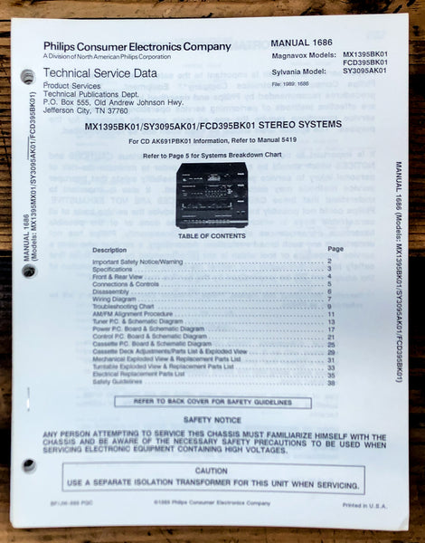 Magnavox / Sylvania MX1395 FCD395 SY3095 Stereo  Service Manual *Original*
