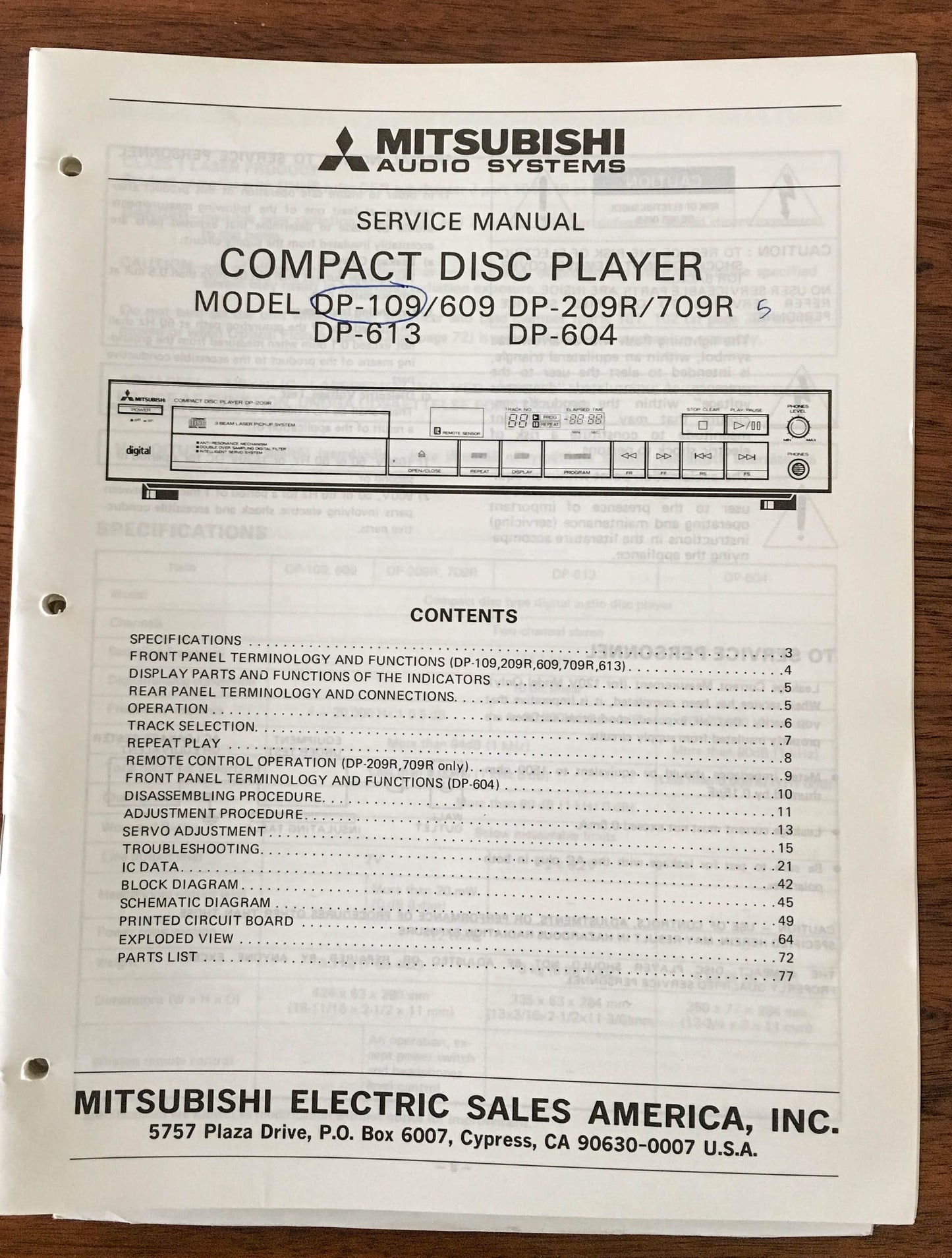 Mitsubishi DP-109 -609 -613 -209R -709R -604 CD PLAYER Service Manual *Original*