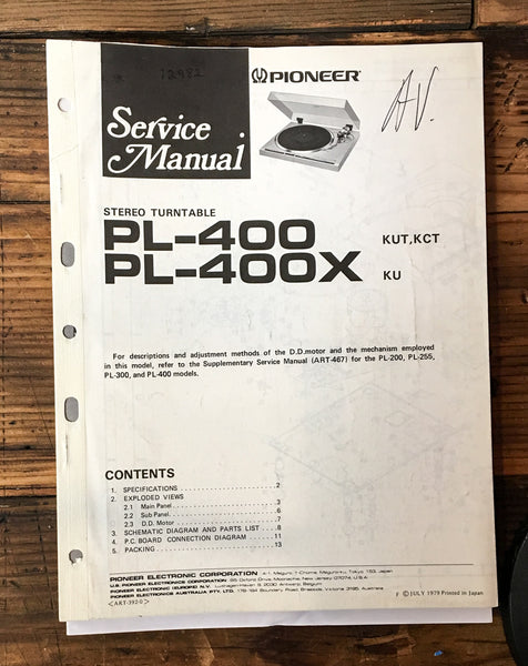 Pioneer PL-400 PL-400X Record Player / Turntable User / Owner Manual *Original*