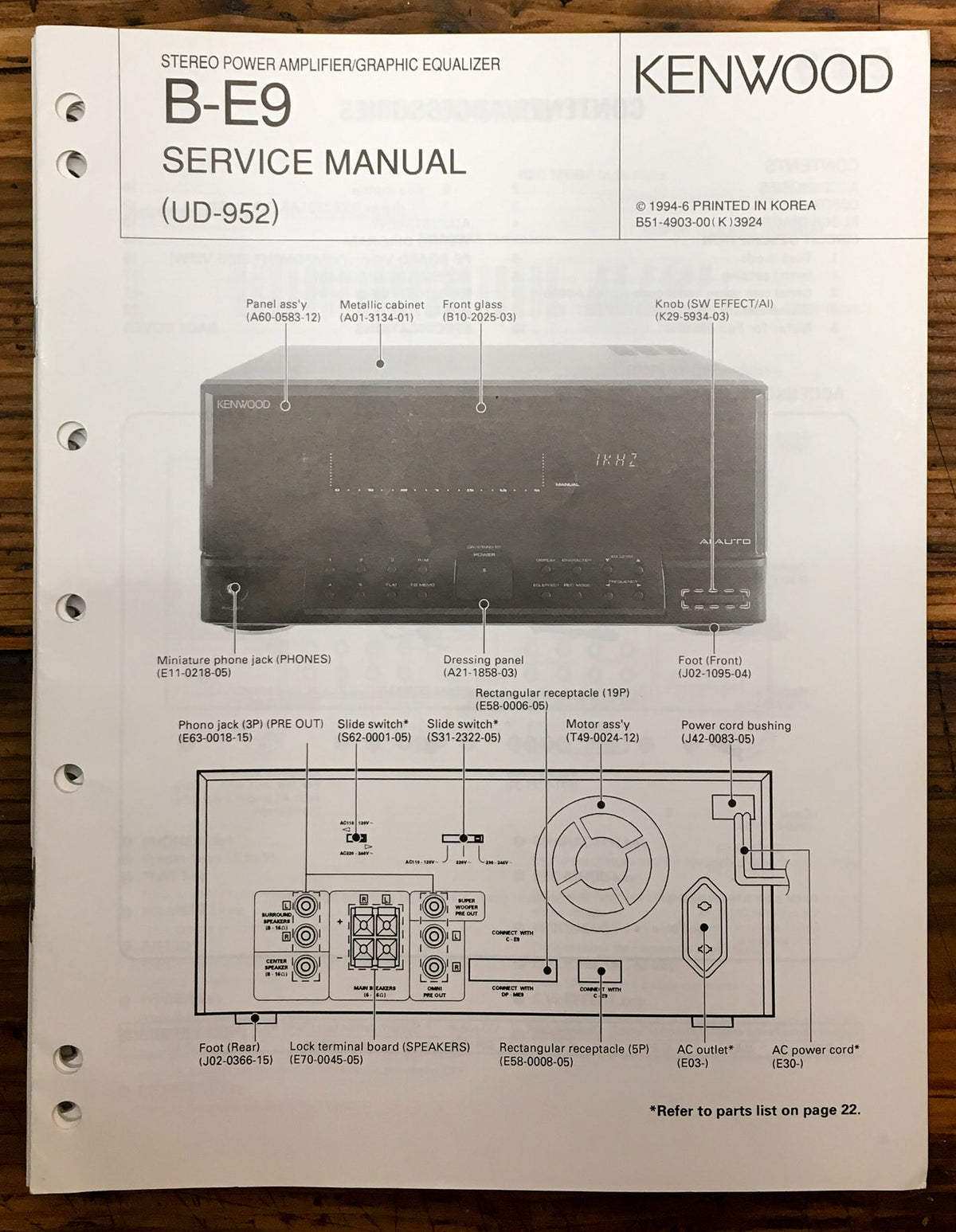 Kenwood B-E9 Stereo  Service Manual *Original*