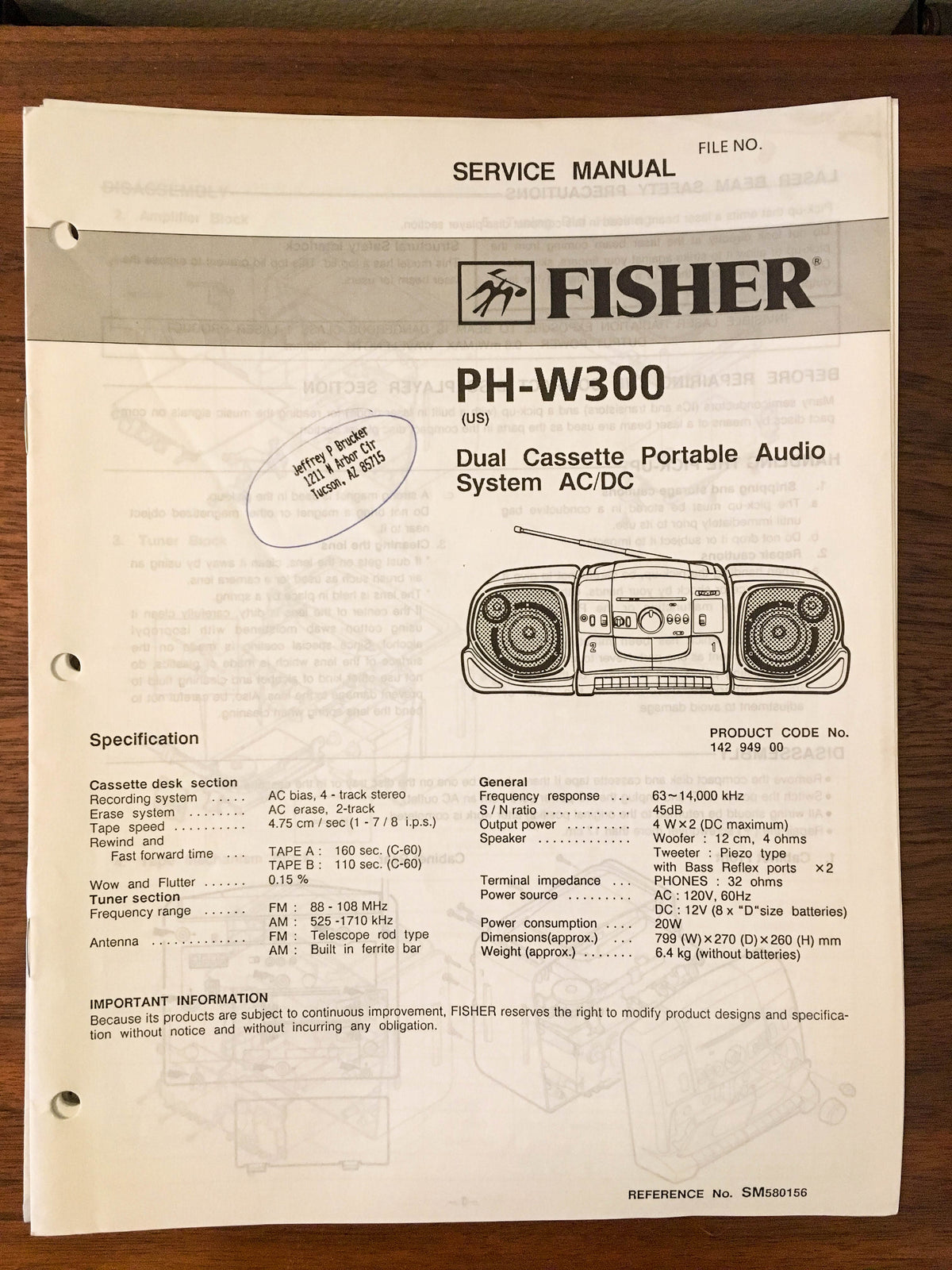 Fisher PH-W300 Boombox Radio Service Manual *Original*