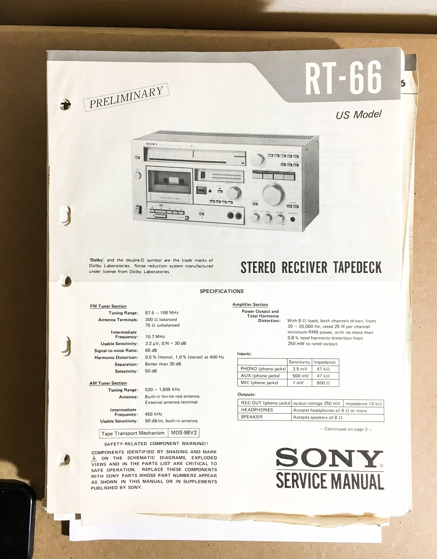 Sony RT-66 Receiver Tape Deck  Preliminary Service Manual *Original*