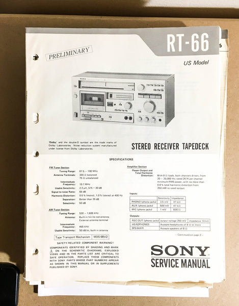 Sony RT-66 Receiver Tape Deck  Preliminary Service Manual *Original*