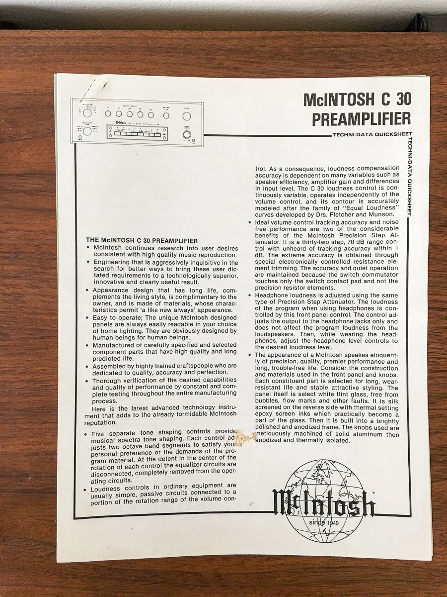 McIntosh C30 C-30 Preamp Dealer Spec Sheet *Original*