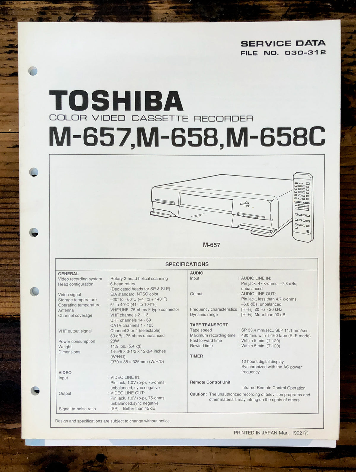 Toshiba M-657 M-658 M-658C VCR  Service Manual *Original*