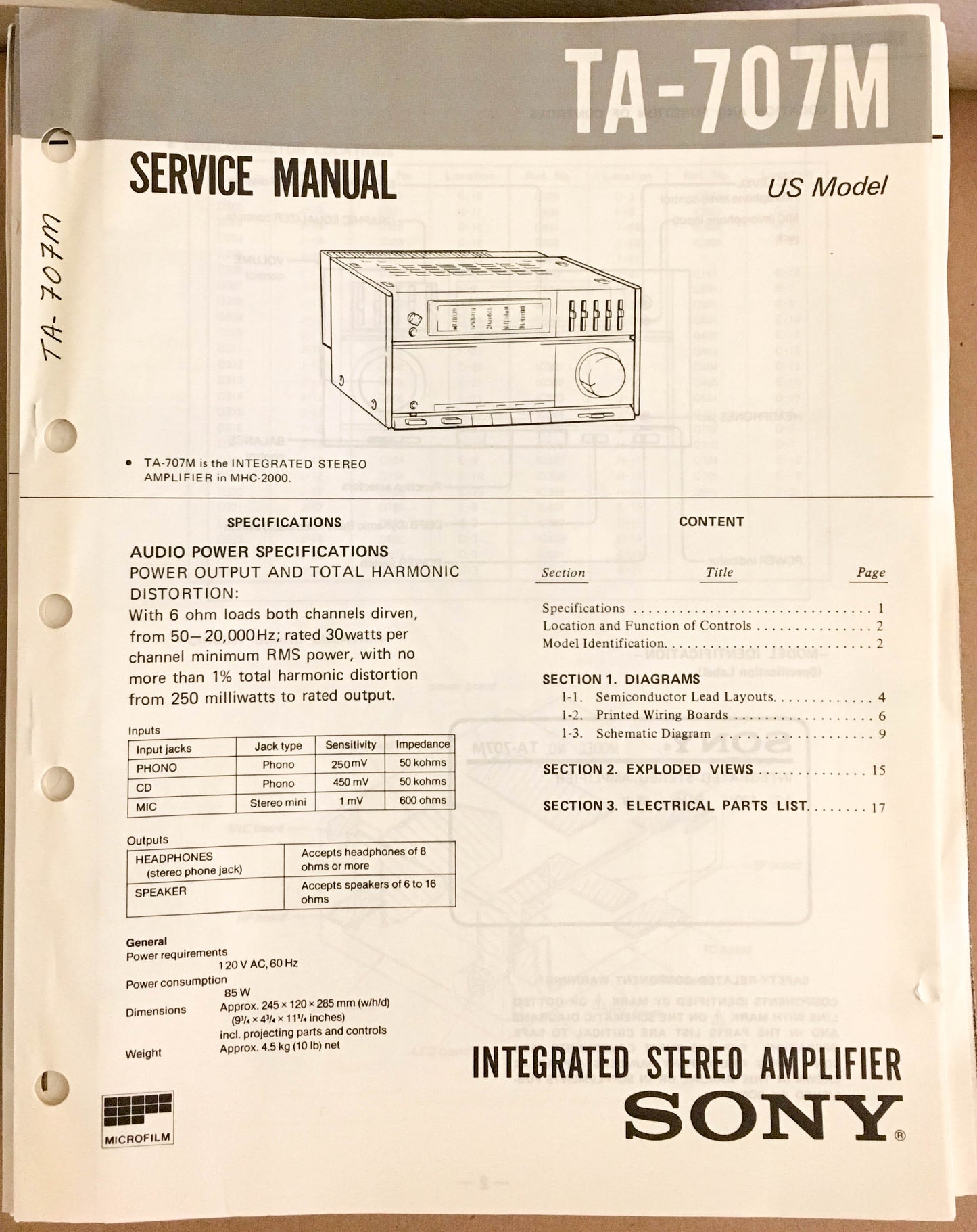 Sony TA-707M Amplifier  Service Manual *Original*