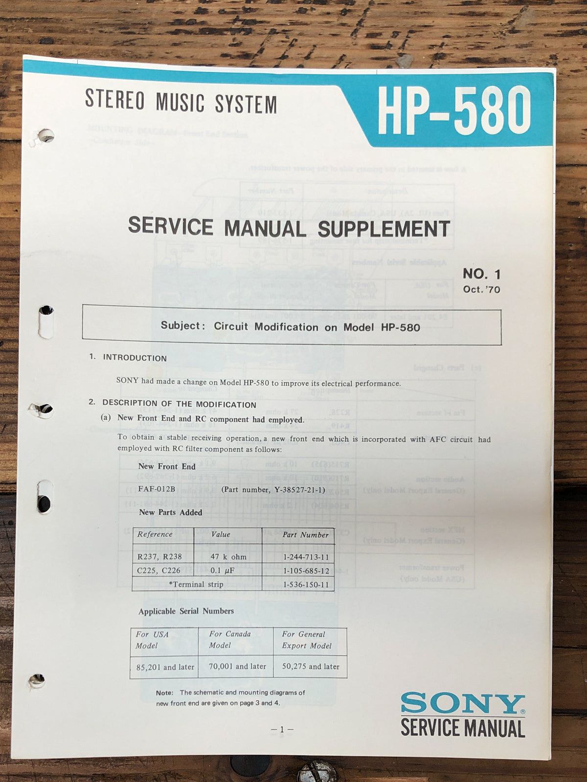 Sony HP-580 Stereo Supp. Service Manual *Original*