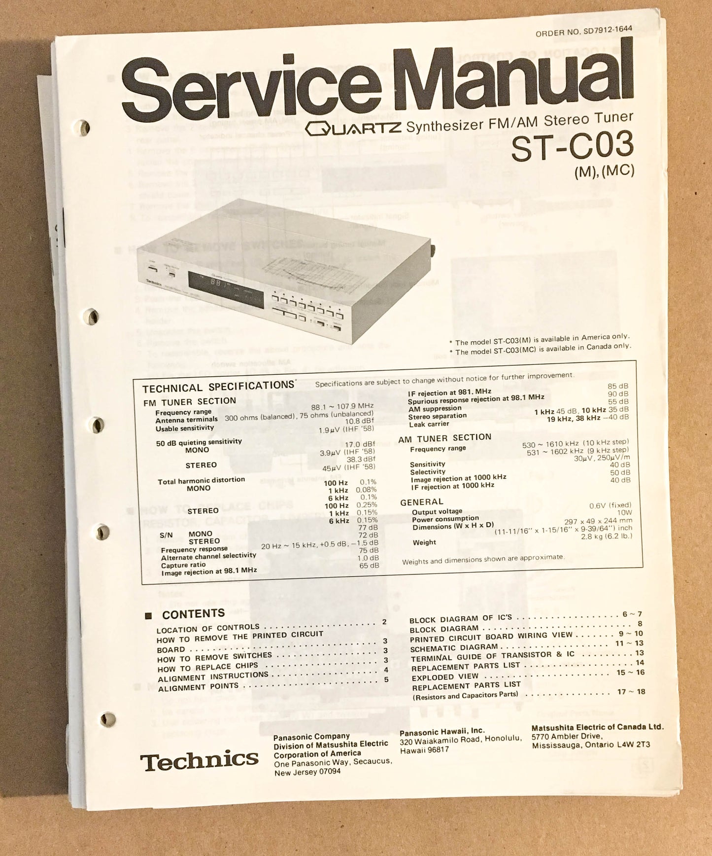 TECHNICS ST-C03 TUNER  Service Manual *Original*