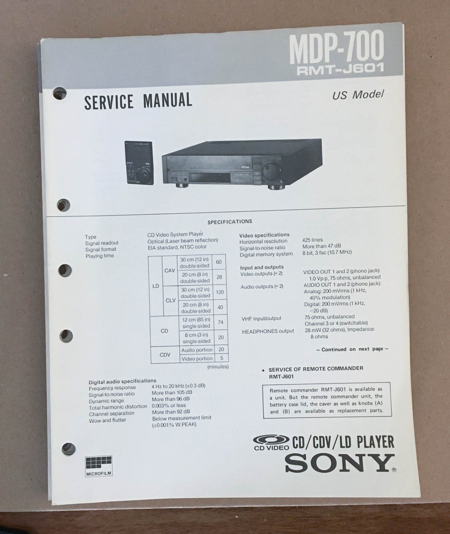 Sony MDP-750 CD CDV LD PLAYER  Service Manual *Original*