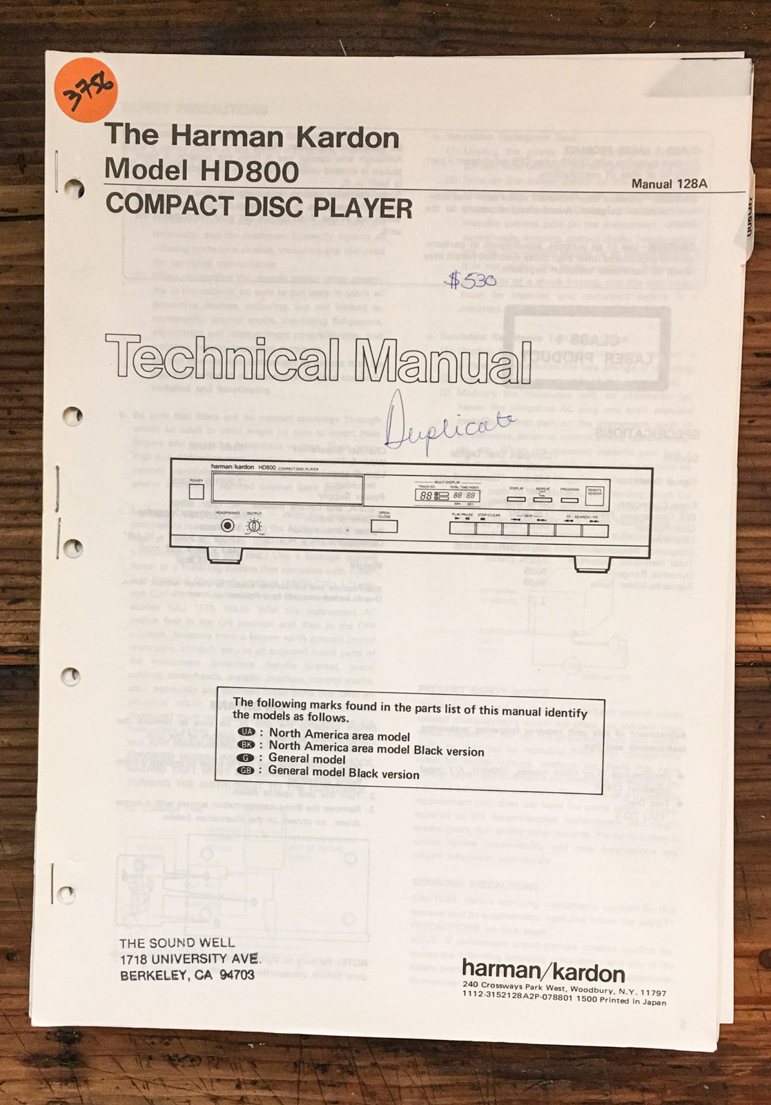 Harman Kardon 800 HD-800 CD Player  Service Manual *Original*