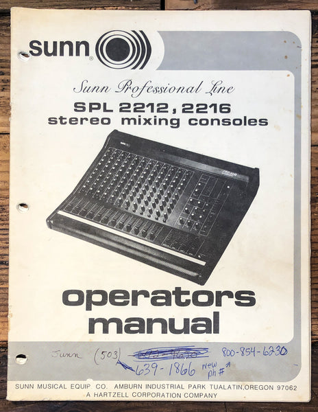 Sunn SPL 2212 2216 Mixing Console  Owner / User Manual *Original*