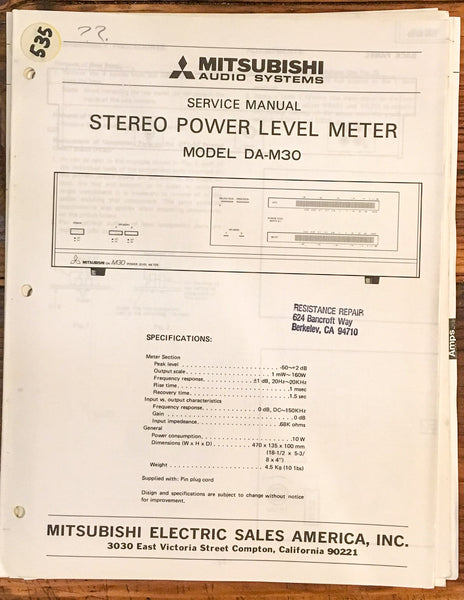 Mitsubishi DA-M30 Power Level Meter  Service Manual *Original*