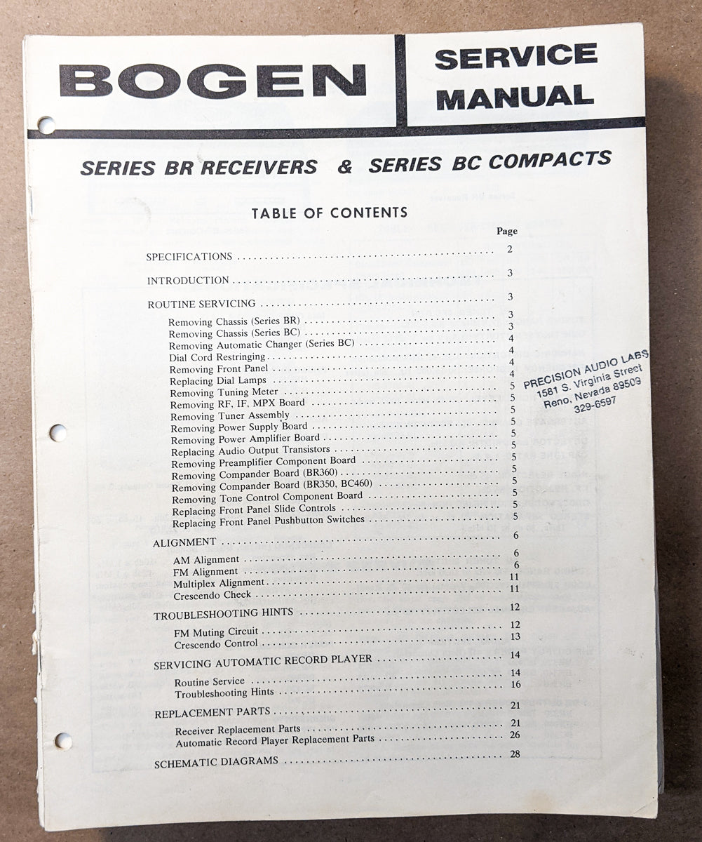 *Original* Bogen Series BR BC Receivers  Service Manual *Original*