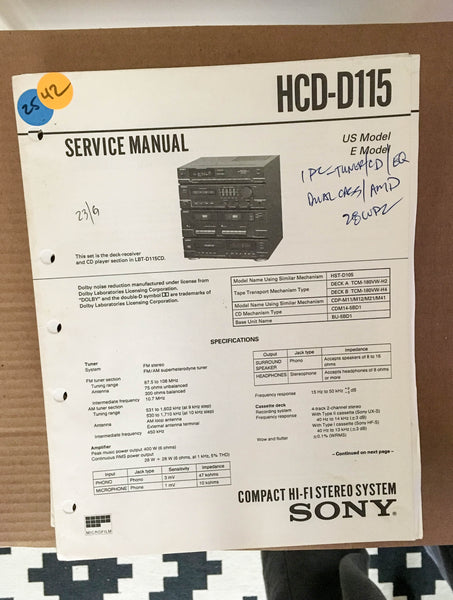 Sony HCD-D115 Stereo System Service Manual *Original*
