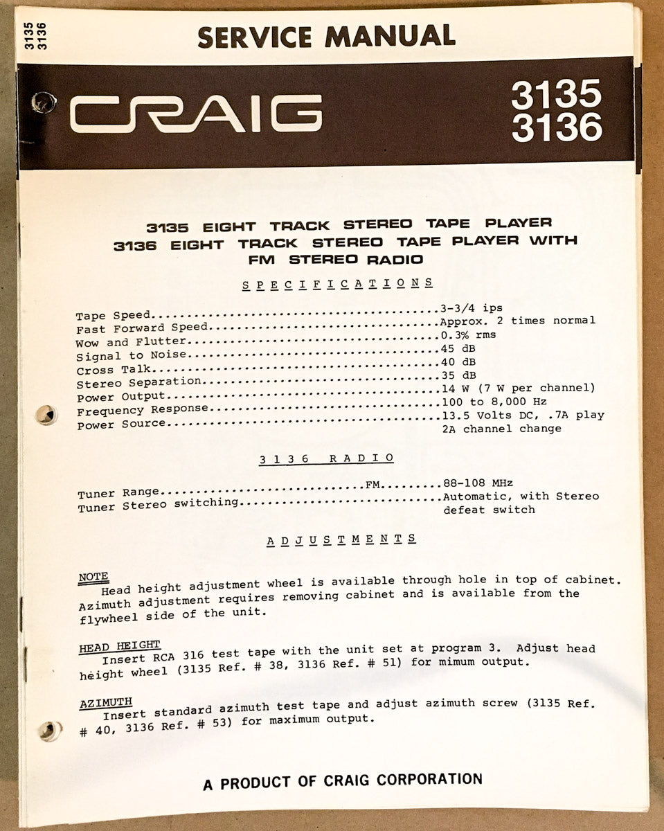 Craig Model 3135 3136 8 Track Stereo Service Manual *Original*