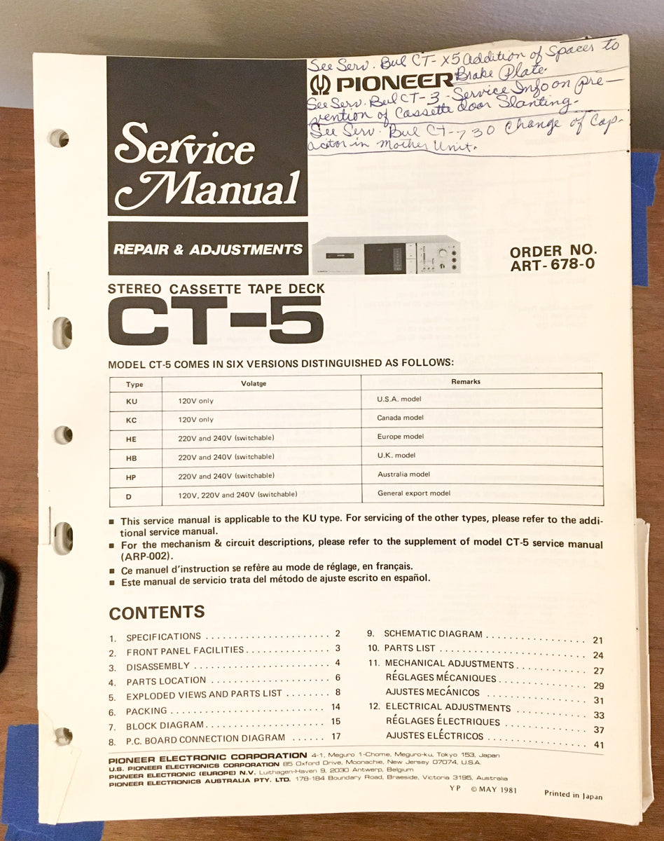 Pioneer CT-5 Cassette  Service Manual *Original*