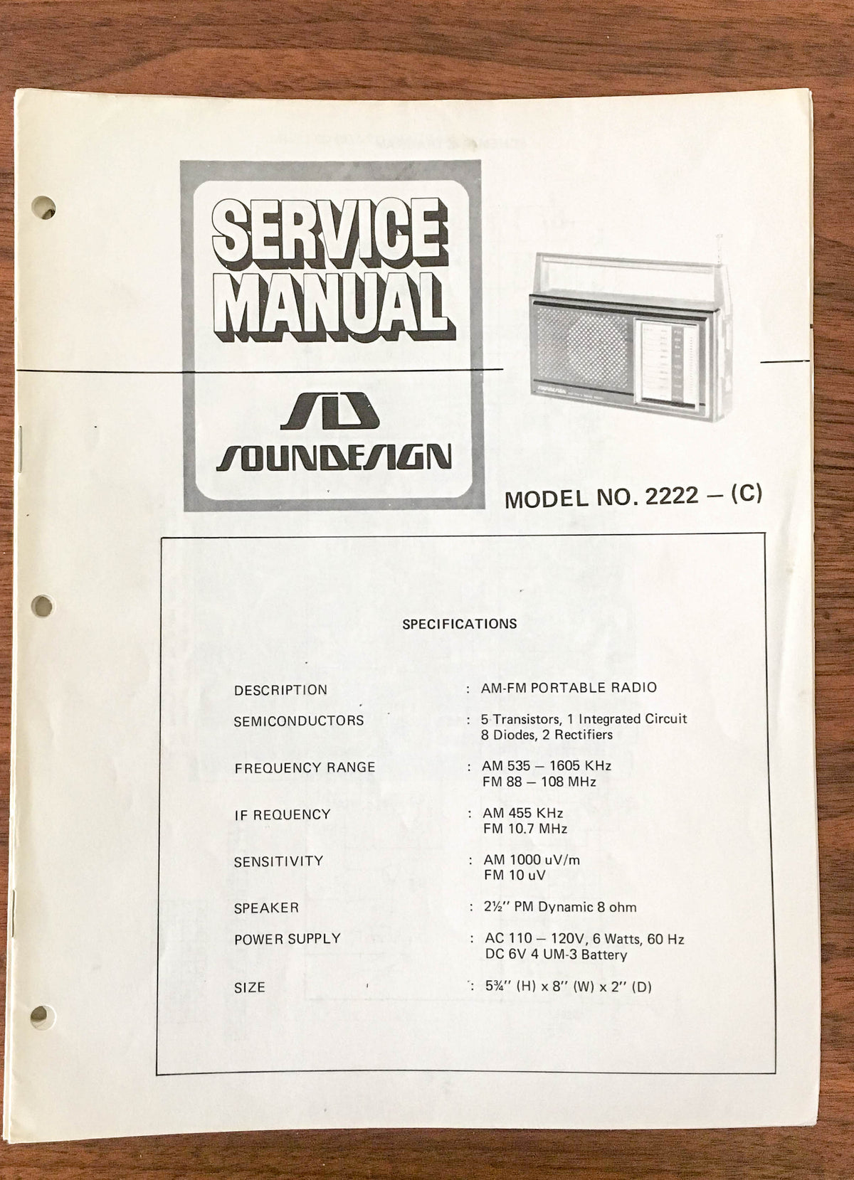 SoundDesign Sound Design Model 2222 Radio Service Manual *Original*