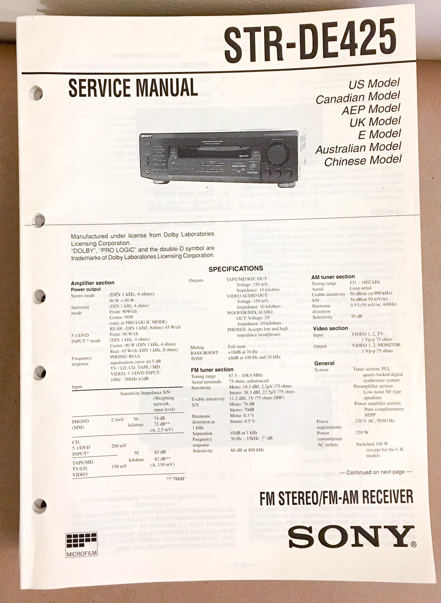 Sony STR-DE425 Receiver  Service Manual *Original*