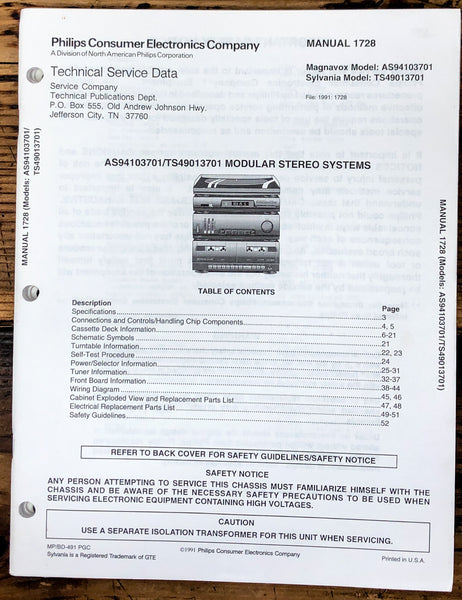 Magnavox Sylvania AS9410-3701 TS4901-3701 Stereo Service Manual *Original*