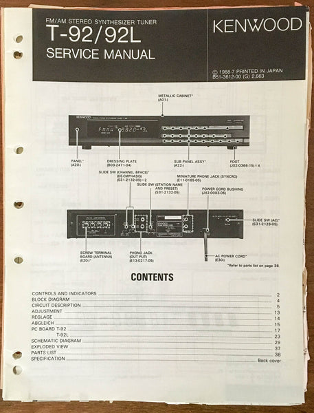 Kenwood T-92 92L Tuner  Service Manual *Original*