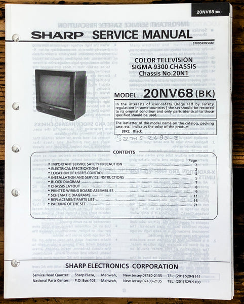 Sharp 20NV68 TV / Television Service Manual *Original*