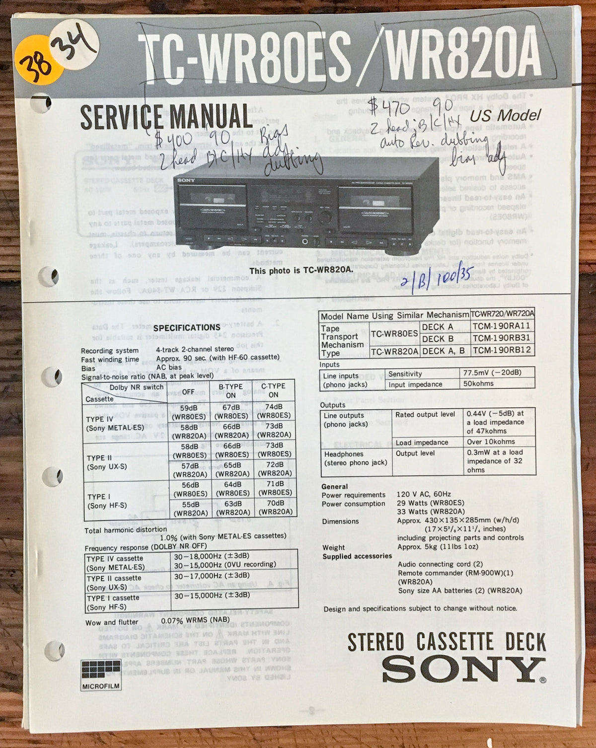 Sony TC-WR80ES TC-WR820A Cassette Deck  Service Manual *Original*