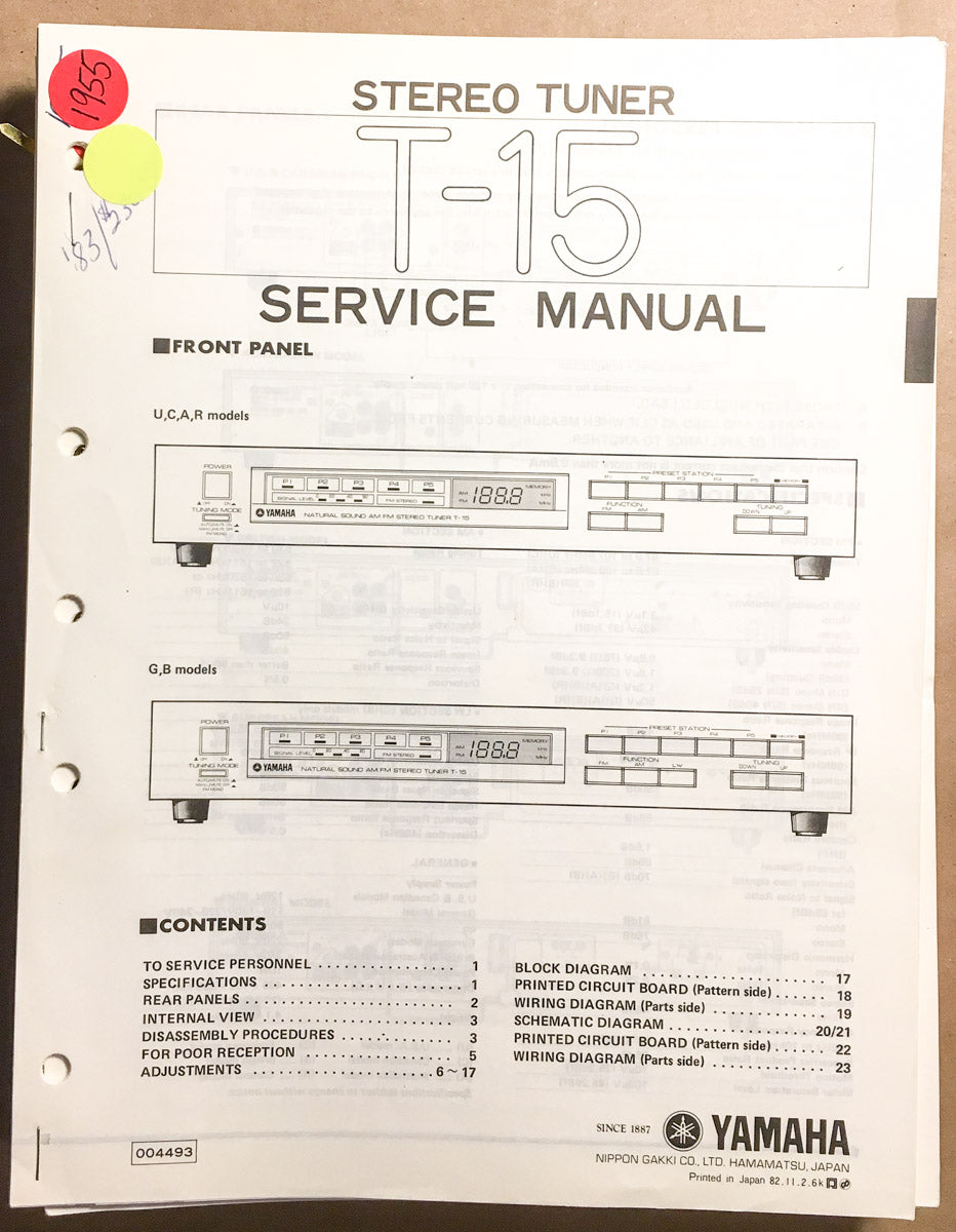 Yamaha T-15 Tuner  Service Manual *Original*