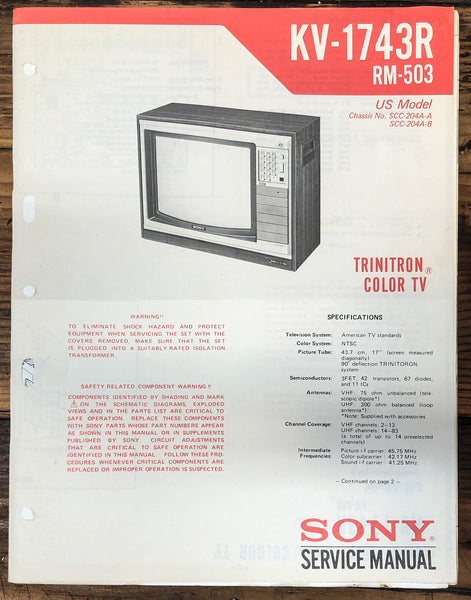 Sony KV-1742R KV-1942R KV-2142R TV  Service Manual *Original*