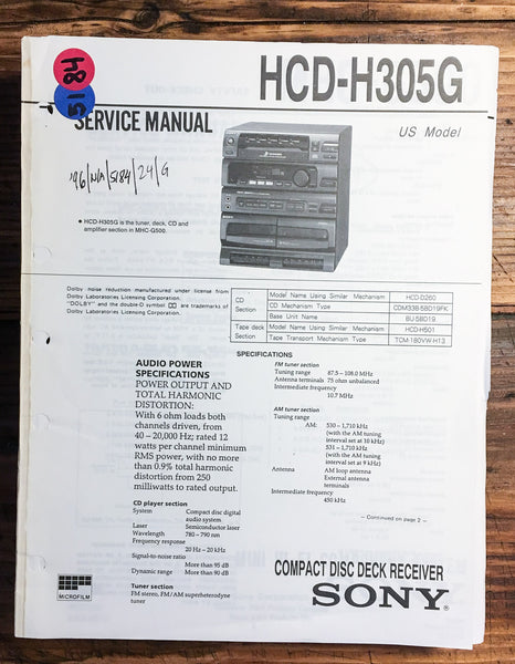 Sony HCD-H305G Stereo System  Service Manual *Original*