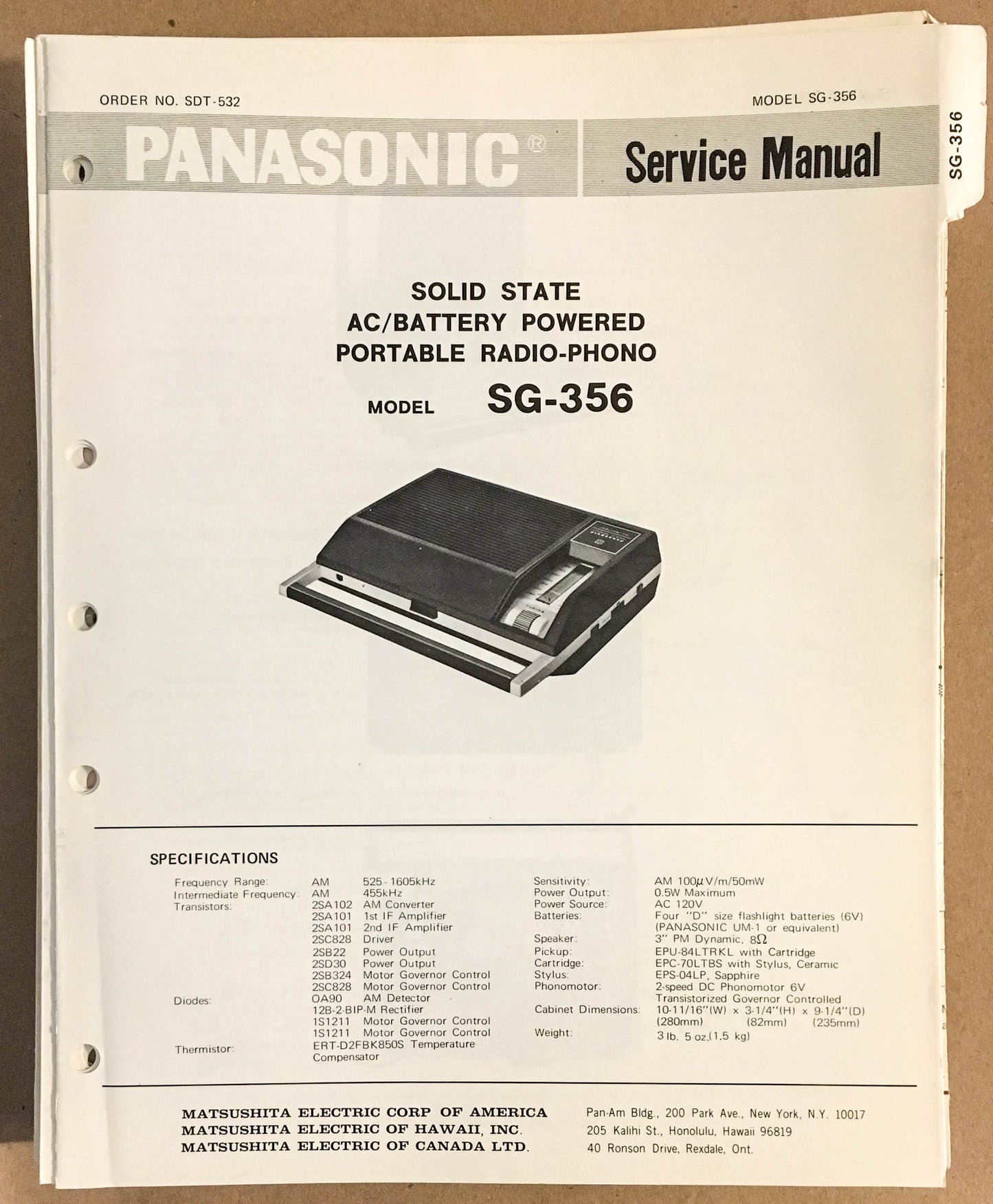 Panasonic SG-356 Radio / Record Player   Service Manual *Original*