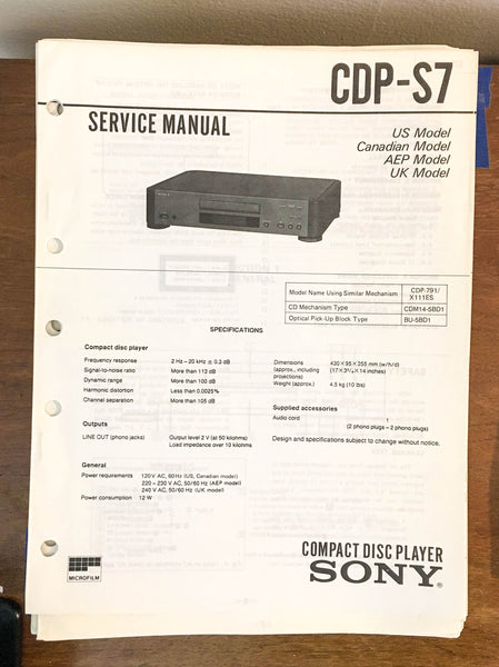 Sony CDP-S7 CD Player Service Manual *Original*