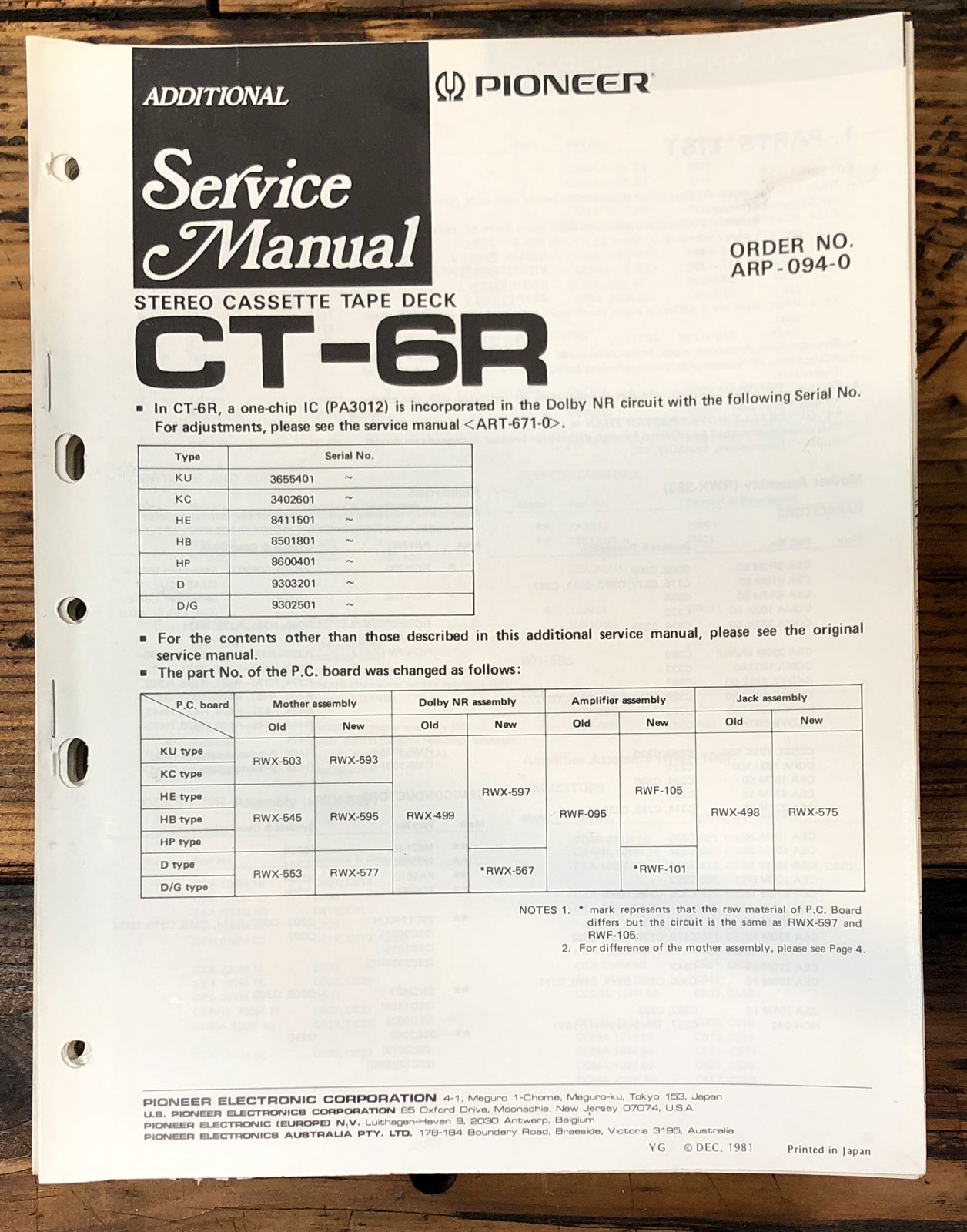 Pioneer CT-6R Cassette Add. Service Manual *Original* #1