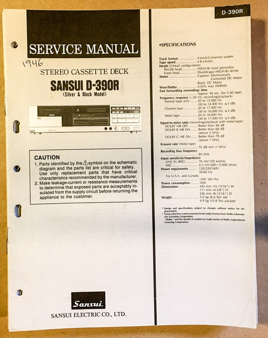 Sansui D-390R Cassette / Tape Player Service Manual *Original* #1