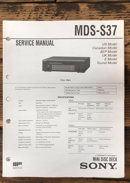 Sony MDS-S37 MD Minidisc Deck  Service Manual *Original*