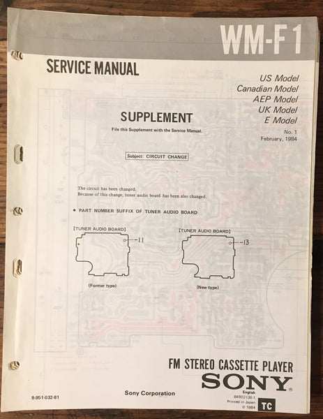 Sony WM-F1 Cassette Service Manual Supplement *Original*