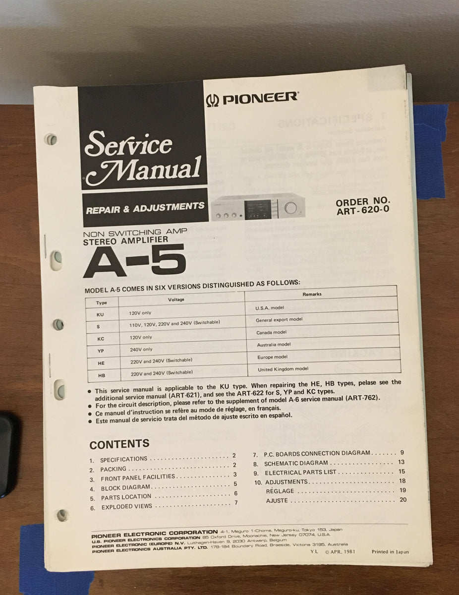 Pioneer A-5 Amplifier Service Manual *Original*