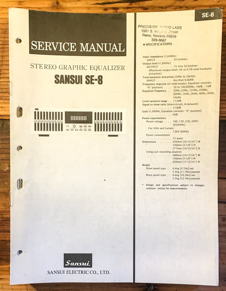 Sansui SE-8 Equalizer Service Manual *Original*