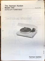 Harman Kardon T40 T-40 Record Player / Turntable  Service Manual *Original*