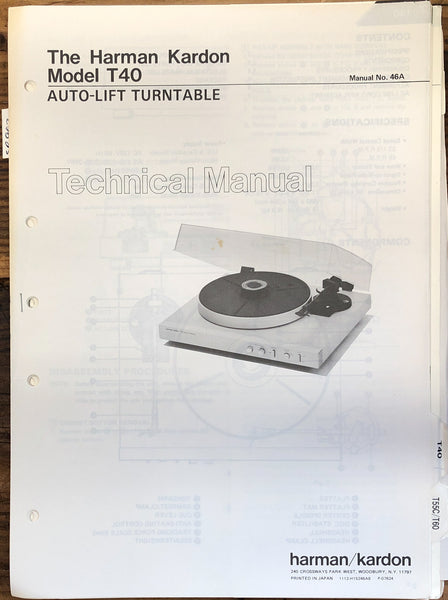 Harman Kardon T40 T-40 Record Player / Turntable  Service Manual *Original*