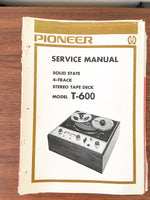 Pioneer T-600 Reel to Reel Service Manual *Original*