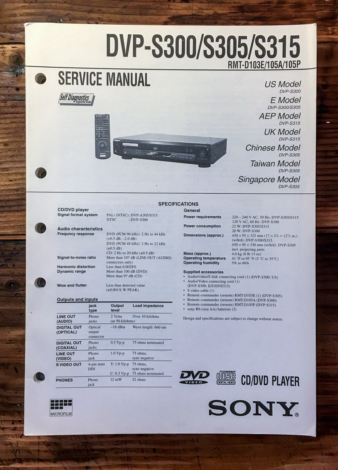 Sony DVP-S300 DVP-S305 DVP-S315 CD DVD Player  Service Manual *Original*