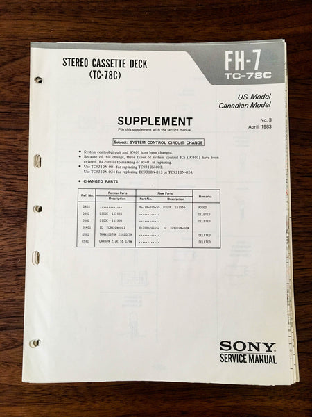 Sony FH-7 TC-78C Component Stereo Service Manual Supplement 3 *Original*