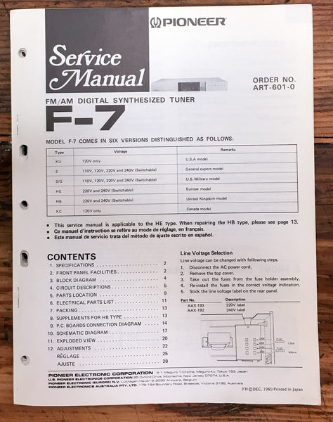 Pioneer F-7 Tuner  Service Manual *Original*