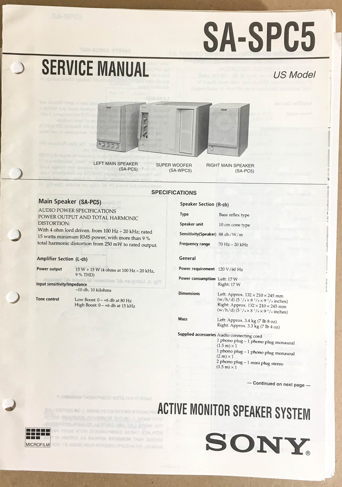 Sony SA-SPC5 Speaker System  Service Manual *Original*