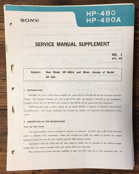 Sony HP-480 HP-480A Stereo Service Manual Suppl. *Original*