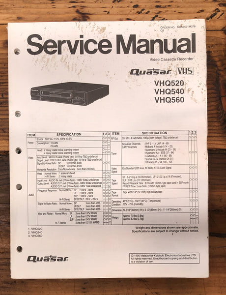 Quasar VHQ520 VHQ540 VHQ560 VHS  Service Manual *Original*