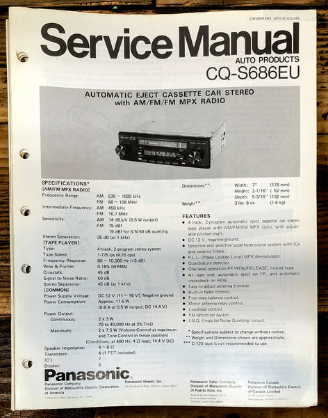 Panasonic CQ-S686EU Car Stereo  Service Manual *Original*
