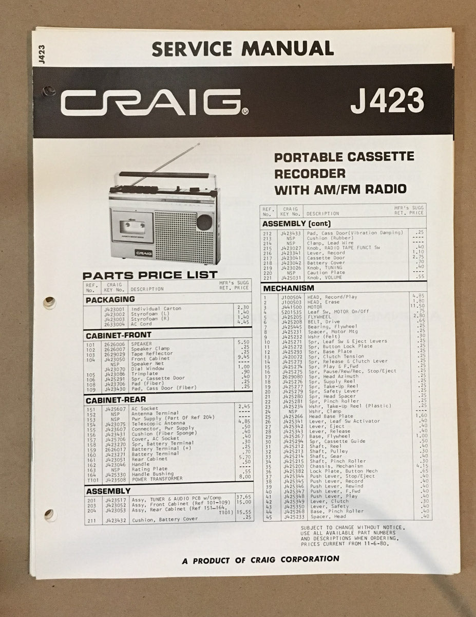 Craig Model J423 Radio Cassette Service Manual *Original*